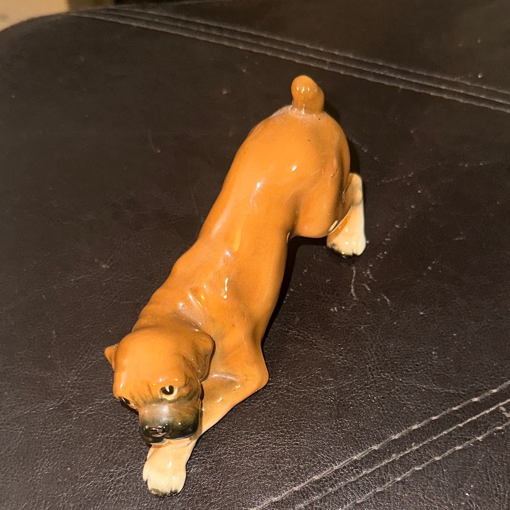 Vintage Mortens Studio porcelain boxer dog figurine playful stance, No cracks.